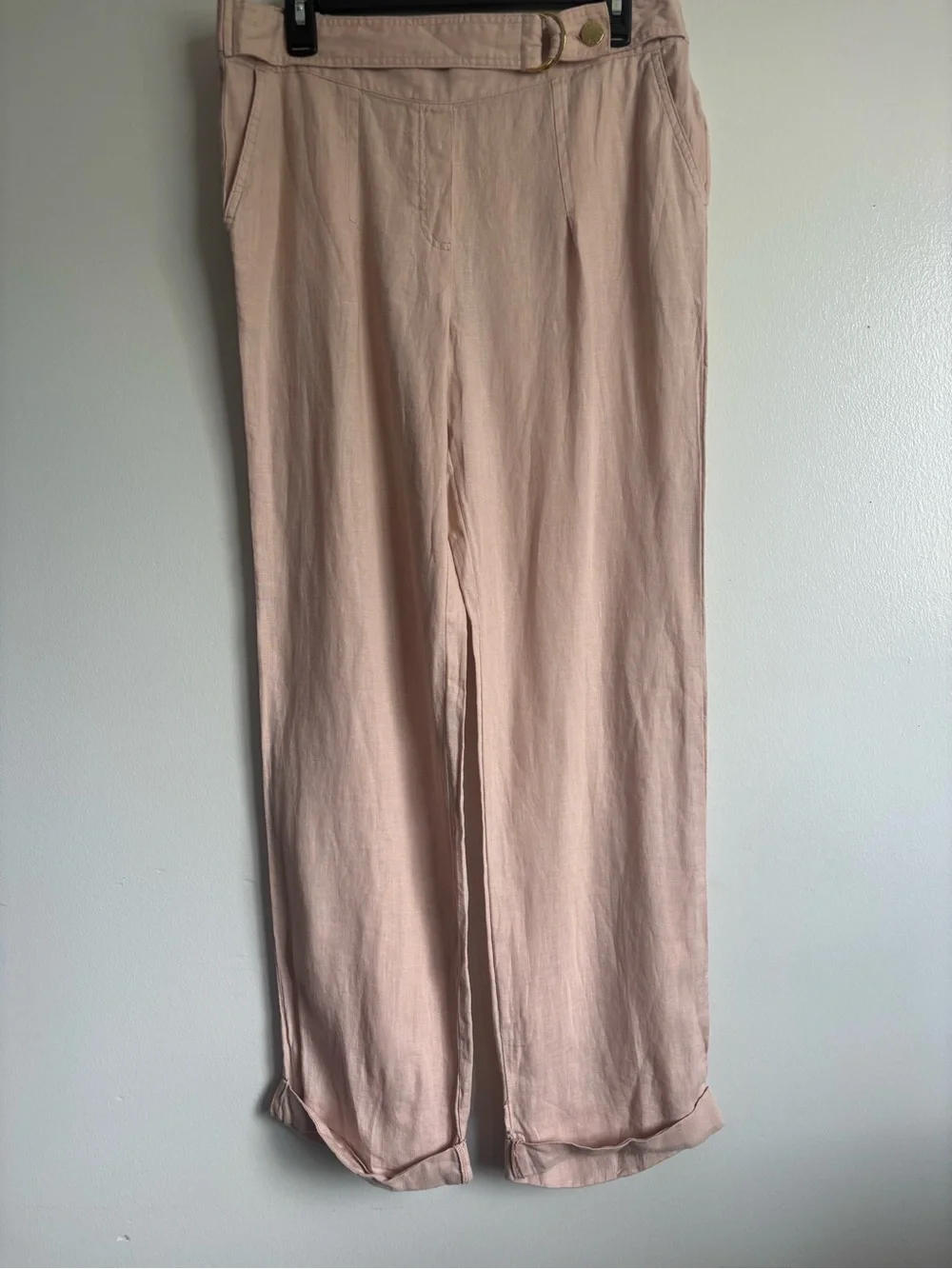 Ellen Tracy 100% linen Pants Trousers elastic waist with gold belt detail Small